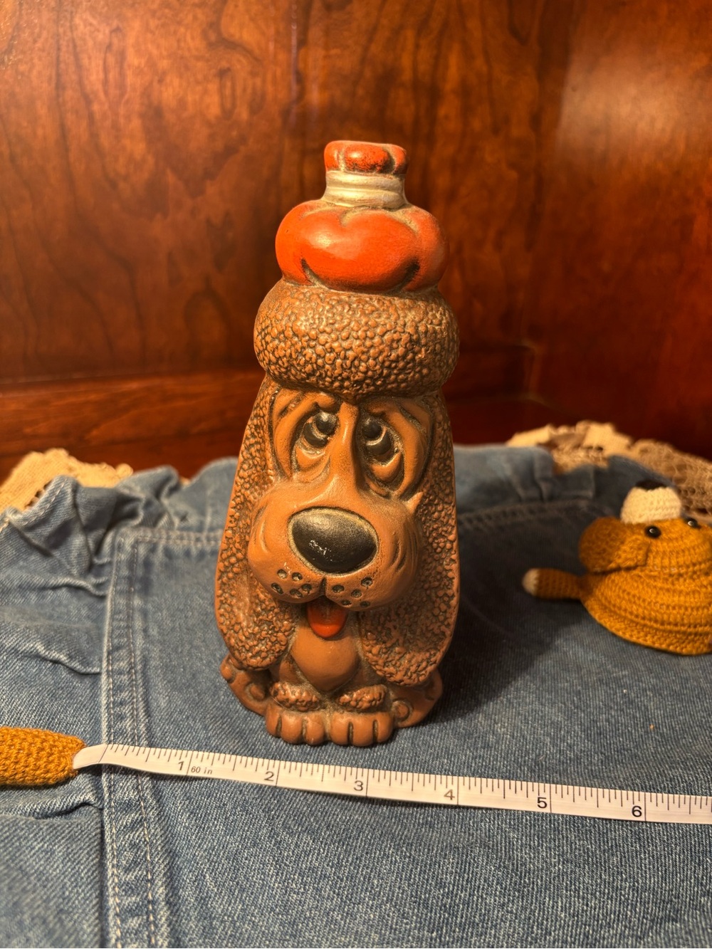 Vintage Ceramic Dog Figurine with Red Hat